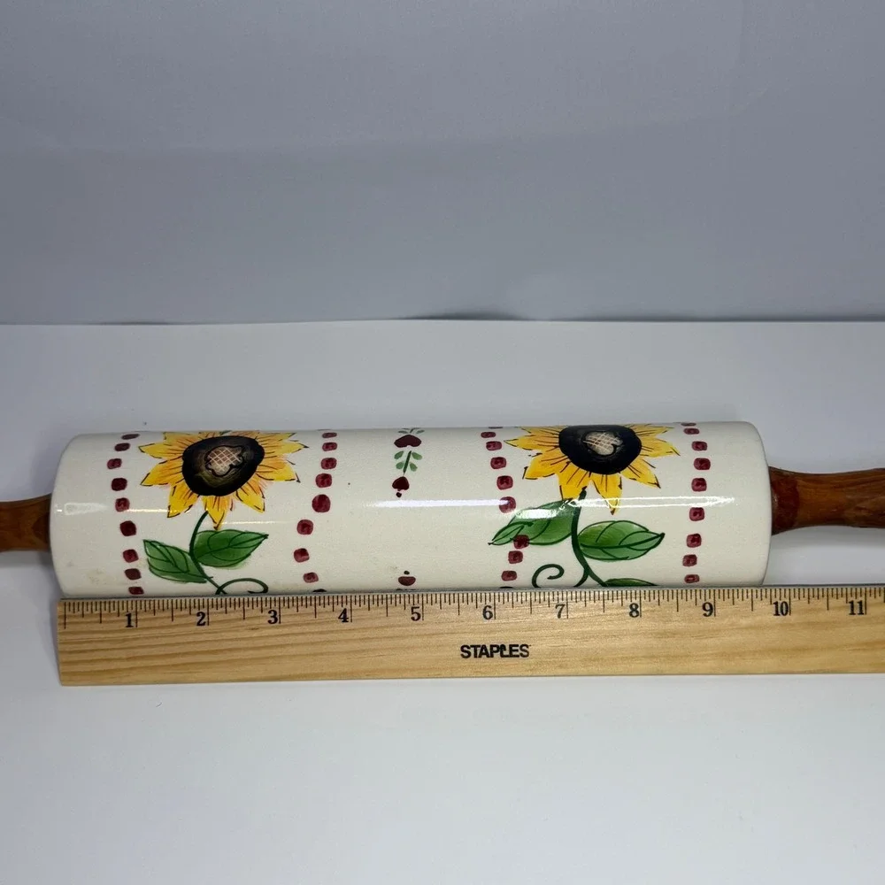 Vintage Style Ceramic Sunflower Rolling Pin Wood Handles Hand Painted Cream